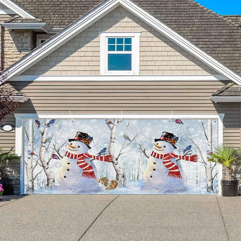 Christmas Snowman Garage Door Banner Cover Decorations, Large Outdoor Hanging Garage Door Covers Christmas Thanksgiving Halloween Wall Backdrop for Holiday Party, Winter Forest Xmas Tree Bird 6x13ft