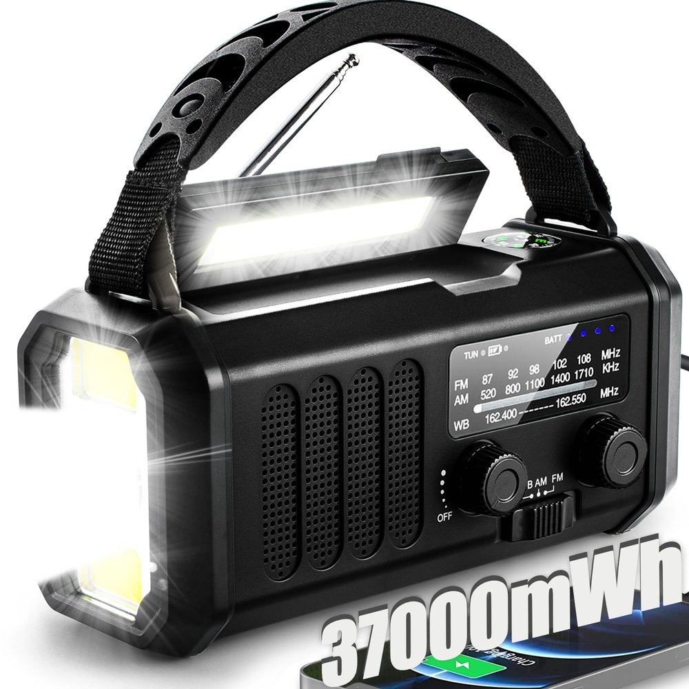 QAUYYW Hand Crank Emergency Radio,37000mWh Solar Powered Portable NOAA AM FM Weather Radio with 3Mode Flashlight and Reading Light,Cell Phone Charger,Home and Emergency Distress Signal (Black)