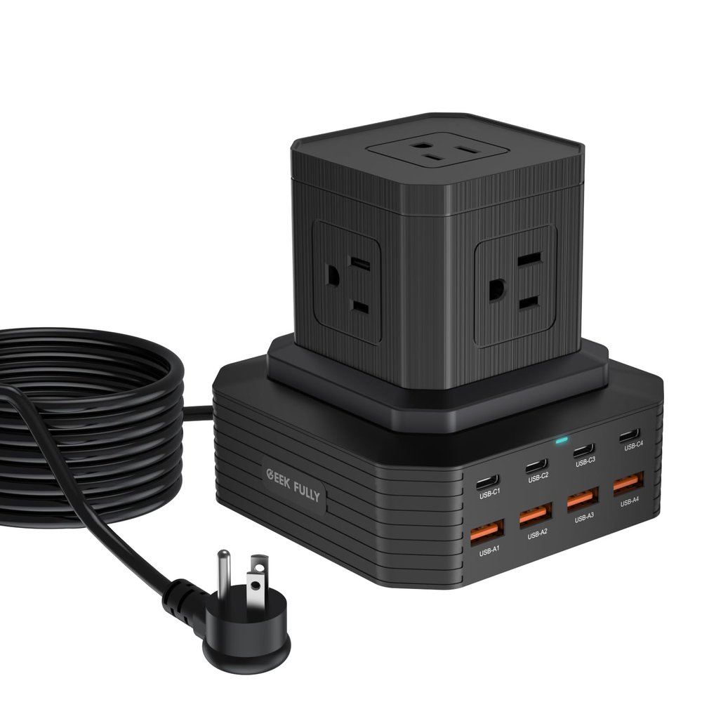 GEEK FULLY Charging Station (100W), 13-in-1 USB C Power Strip with Surge Protection, 6.6Ft Extension Cord, 4 USB C and 4 USB A Ports, 5 AC Outlets for Home Office Dorm Room