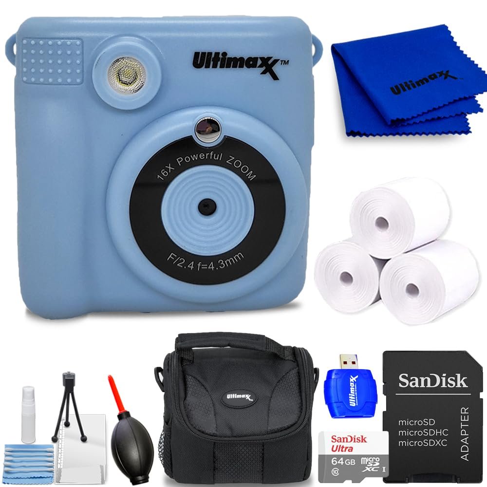 Ultimaxx Instant Print Camera for Kids Teens Beginners with 3 Printing Paper Rolls 32GB Micro SD Holiday (Blue, Bundle)