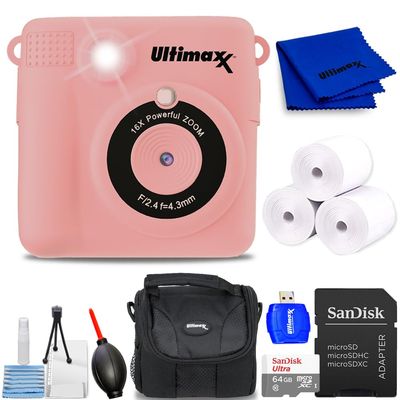 Ultimaxx Instant Print Camera for Kids Teens Beginners with 3 Printing Paper Rolls 32GB Micro SD Holiday (Pink, Bundle)