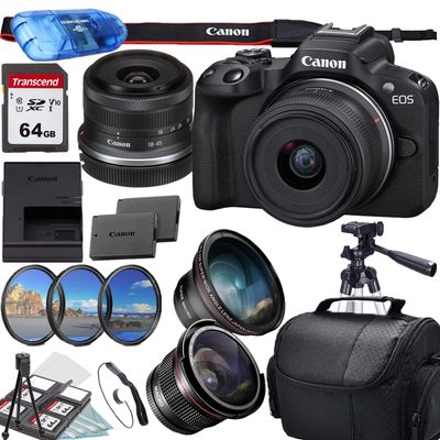 Canon EOS R50 Mirrorless Camera with 18-45mm Lens + Accessory Bundle (Renewed)