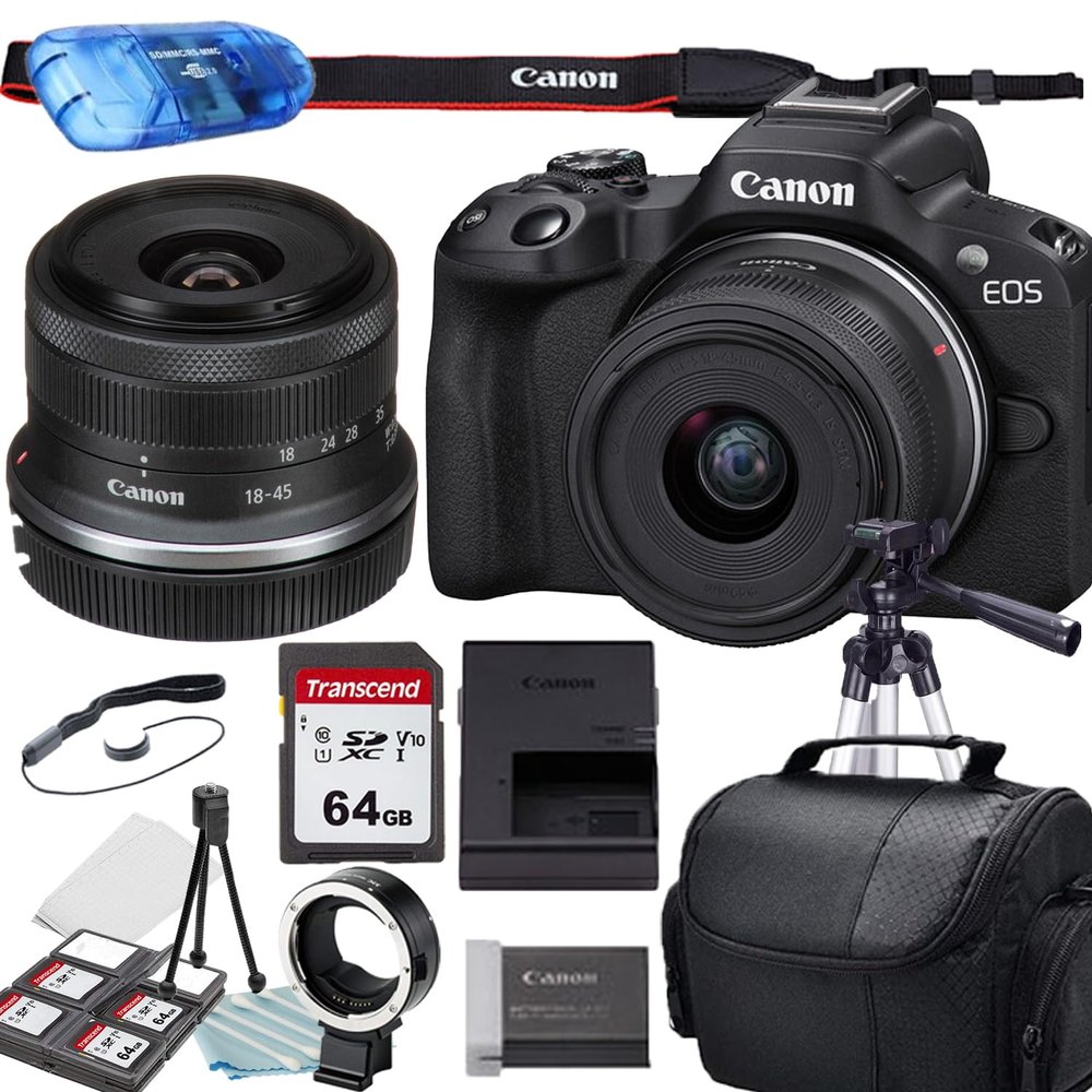 Canon EOS R50 Mirrorless Camera with 18-45mm Lens + RF Adapter + Accessory Bundle (Renewed)