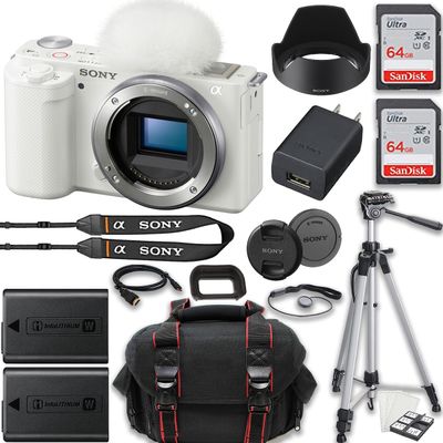 Sony ZV-E10 Mirrorless Camera (White) + 2X 64GB Memory + Case + Tripod & More (20pc Bundle) (Renewed)