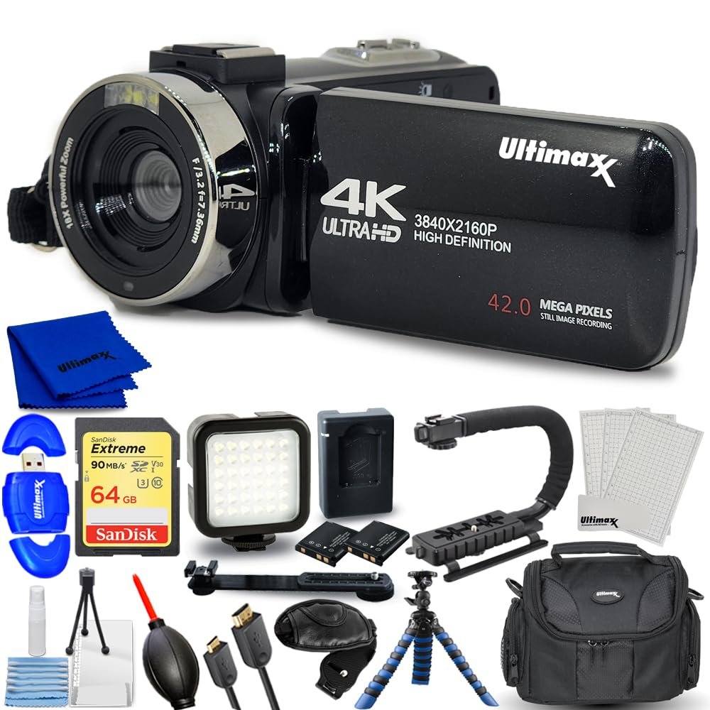 Pixel Hub Ultimaxx 4K Ultra HD Camcorder Video Vlogging Camera with LED Light 42MP, 18x Digital Zoom with Remote Control 3.0" LCD Screen Christmas (Bundle)