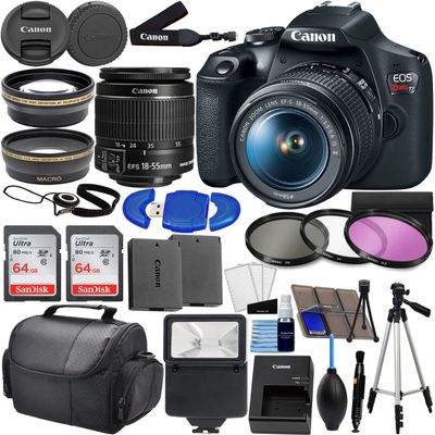 Canon EOS Rebel T7 DSLR w/ EF-S 18-55mm F/3.5-5.6 Zoom Lens + Wide Angle Lens + Telephoto Lens + 128GB Memory + 3PC Filter Kit + Case + Tripod (37pc Bundle) (Renewed)