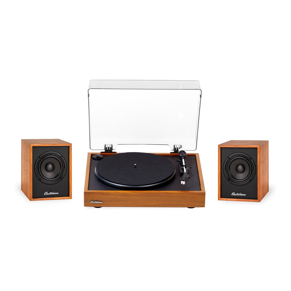 Electrohome Montrose, Upgradable Vinyl Record Player with Huntley, Powered Bluetooth Bookshelf Speakers, 3" Driver, for Warm Natural Sound, Teak