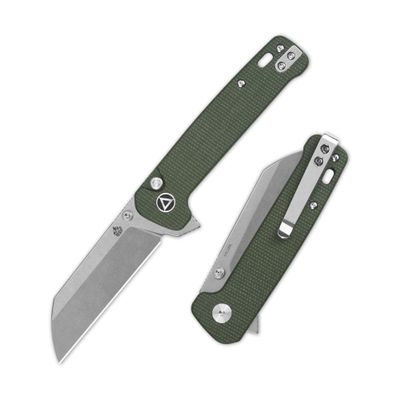 QSP Penguin Folding Pocket Knife, 3.06" Sandvik 14C28N Stonewash Blade EDC Knife, Green Micarta Handle, Button Lock, Ceramic Ball Bearings, Reversible SS Deep Carry Clip