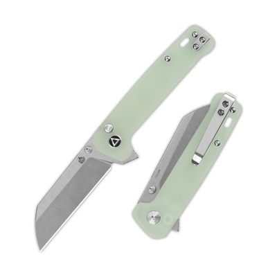 QSP Penguin Folding Pocket Knife, 3.06" Sandvik 14C28N Stonewash Blade EDC Knife, Jade G10 Handle, Button Lock, Ceramic Ball Bearings, Reversible SS Deep Carry Clip