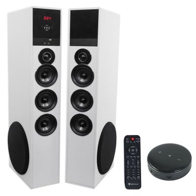 Rockville (1 TM150W White Powered Home Theater Tower Speakers 10" Sub/Bluetooth/USB Bundle with (1) Mini WiFi Music Player Wireless Audio Streaming Multiroom Stereo Receiver (2 Items)