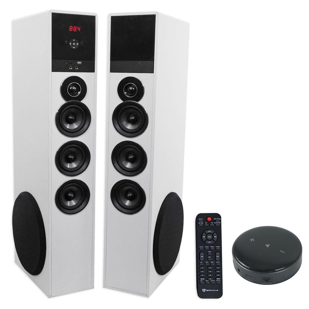 Rockville (1 TM150W White Powered Home Theater Tower Speakers 10" Sub/Bluetooth/USB Bundle with (1) Mini WiFi Music Player Wireless Audio Streaming Multiroom Stereo Receiver (2 Items)