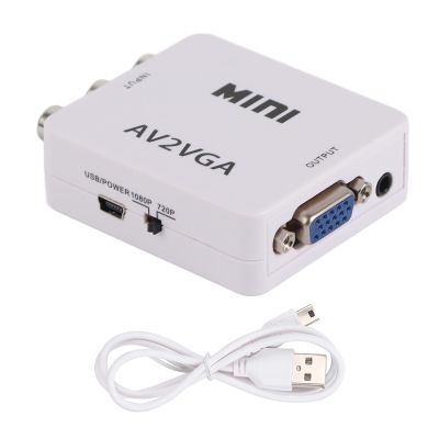 480P TV Set Top Box Converter, Mini de Noising Composite AV to VGA Adapter Plug and Play TV Set Top Box Audio Video Converter with USB Cable