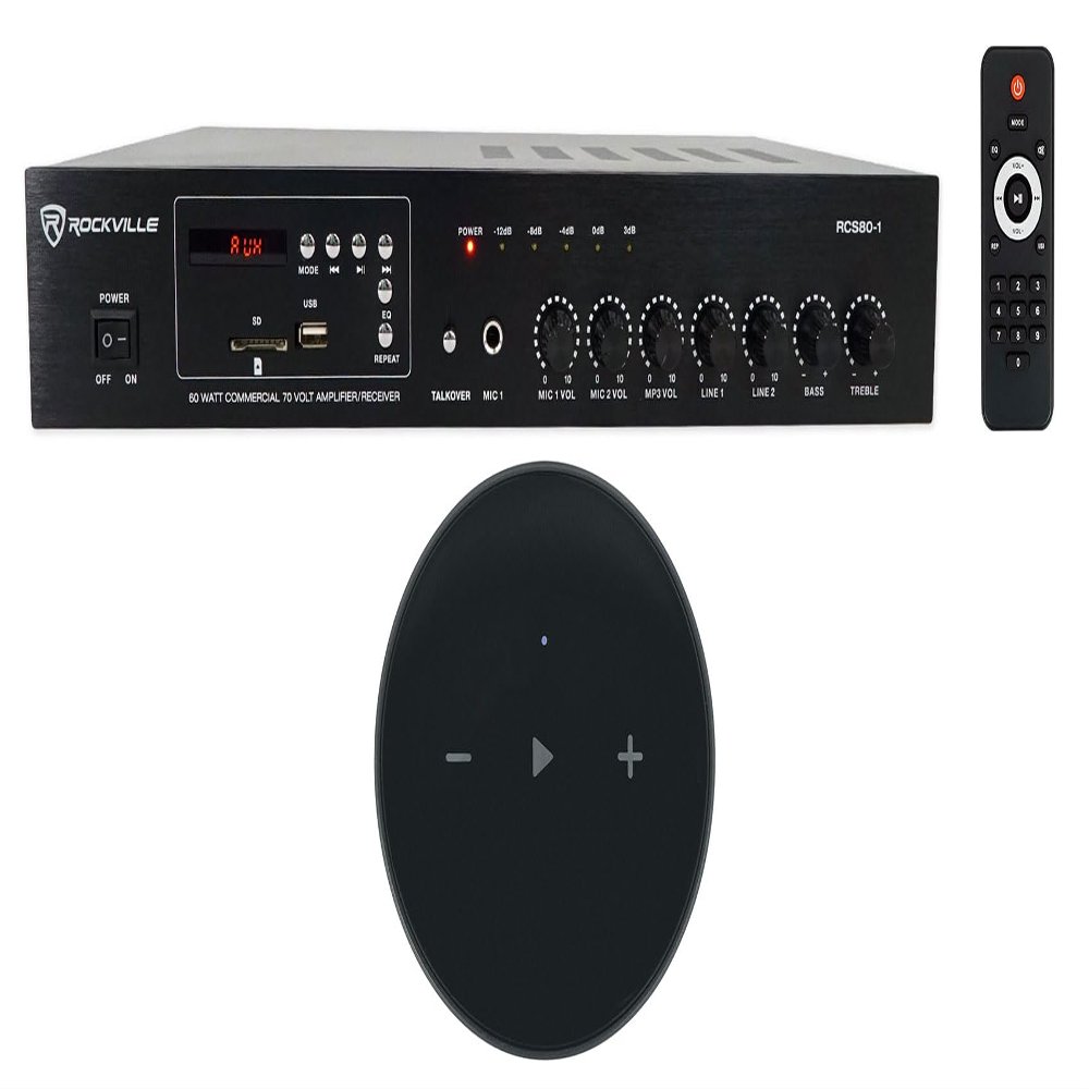(1) Rockville RCS80-1 60 Watt 70v Commercial/Restaurant Amplifier/Bluetooth Receiver Bundle with (1) Rockville Mini WiFi Music Player Wireless Audio Streaming Multiroom Stereo Receiver (2 Items)