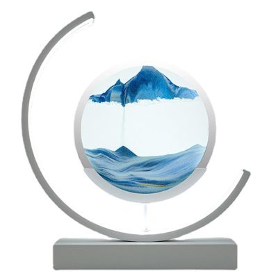 Fodalob Led Bedside Lamps - 3D Dynamic Round Sand Art Decorative Glass Hourglass Table Lamps - Iron White Frame + Blue Sandscape (Color : Touch Switch)