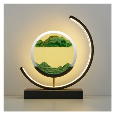 Fodalob Creative Moving Sand Art Picture Ornaments, Semi-Circular Simple Desk Bedroom Bedside Led Lamp- Green Sandscape - Gift (Color : Touch Switch)