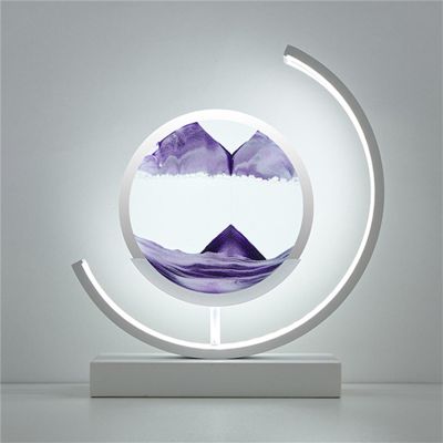 Fodalob Led Bedside Lamps - Sand Painting Table Lamps 3D Deep Sea Sandscape in Motion Display - Iron White Frame + Purple Sandscape (Color : Remote Control Switch)