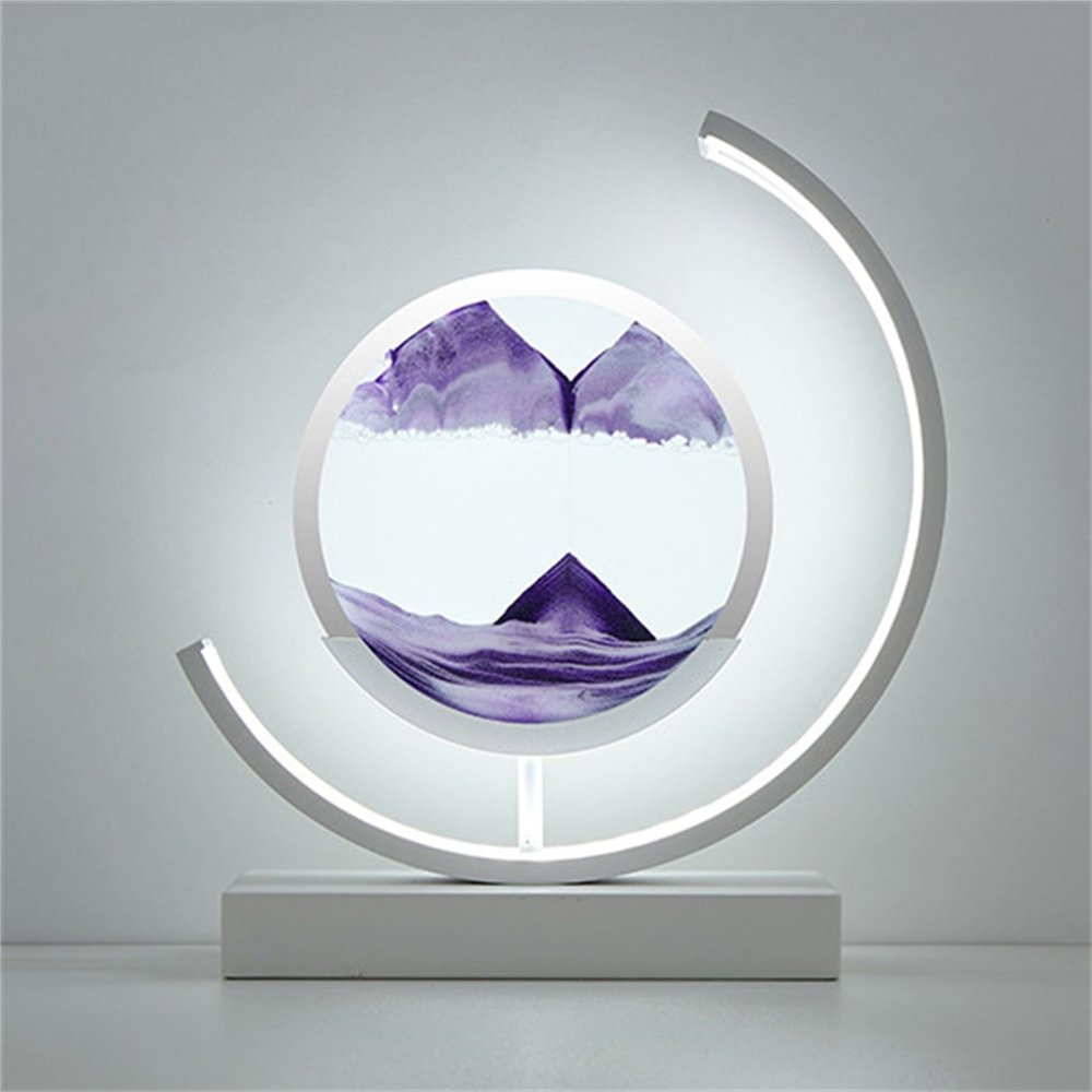 Fodalob Led Bedside Lamps - Sand Painting Table Lamps 3D Deep Sea Sandscape in Motion Display - Iron White Frame + Purple Sandscape (Color : Remote Control Switch)