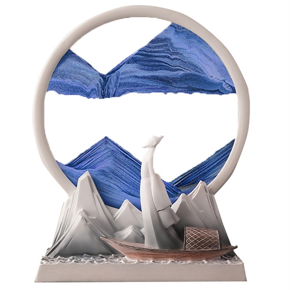 Fodalob 12inch Sand Painting Liquid Motion Decor Chinese Style Creative Art Hourglass for Living Room TV Cabinet Office - Iron White Frame + Blue Sandscape