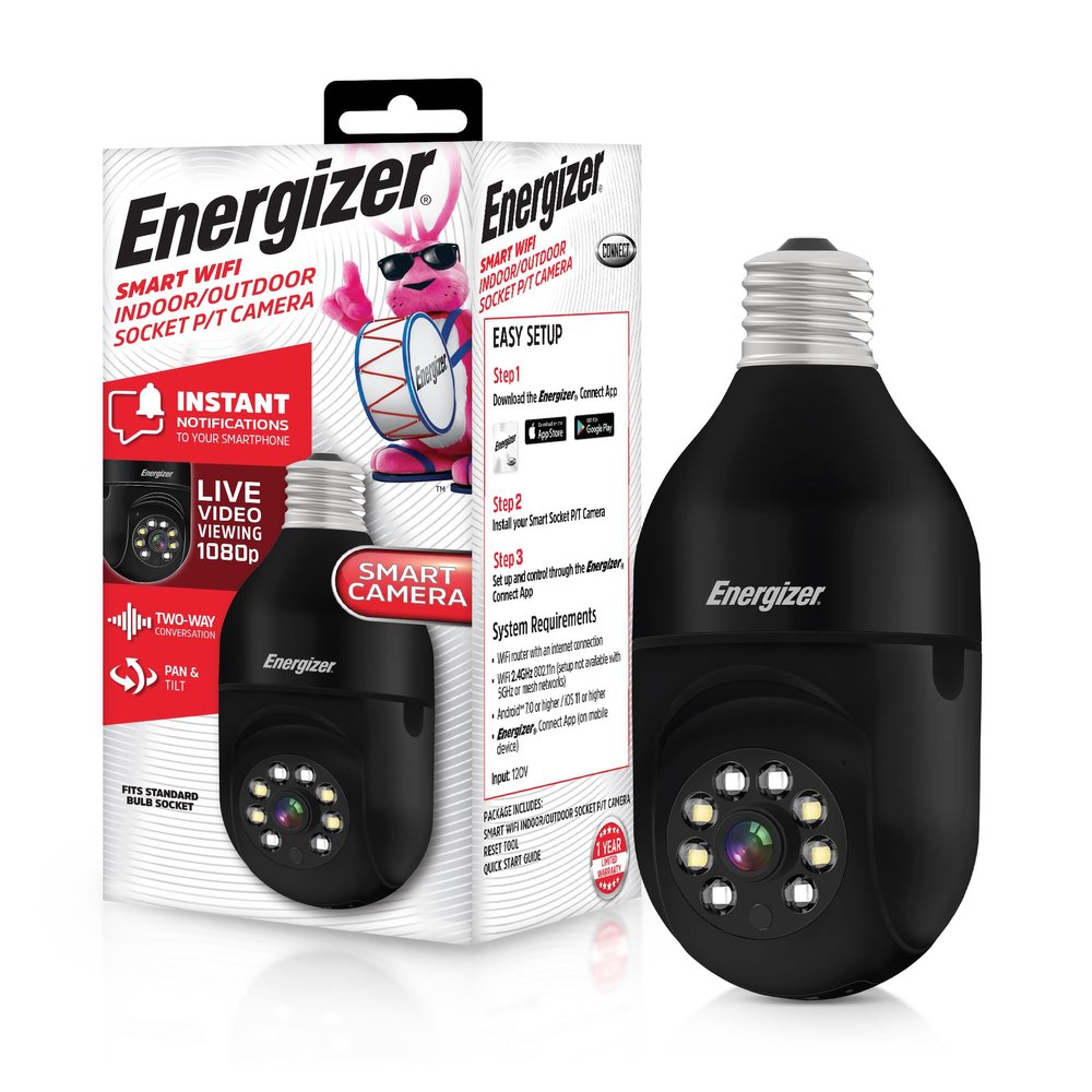 Energizer Connect Smart 1080p HD Outdoor Security Socket Camera with Siren Alarm, Remote Access, Motion Alerts, 2 Way Audio and Night Vision, 2.4GHz Wi-Fi, Black