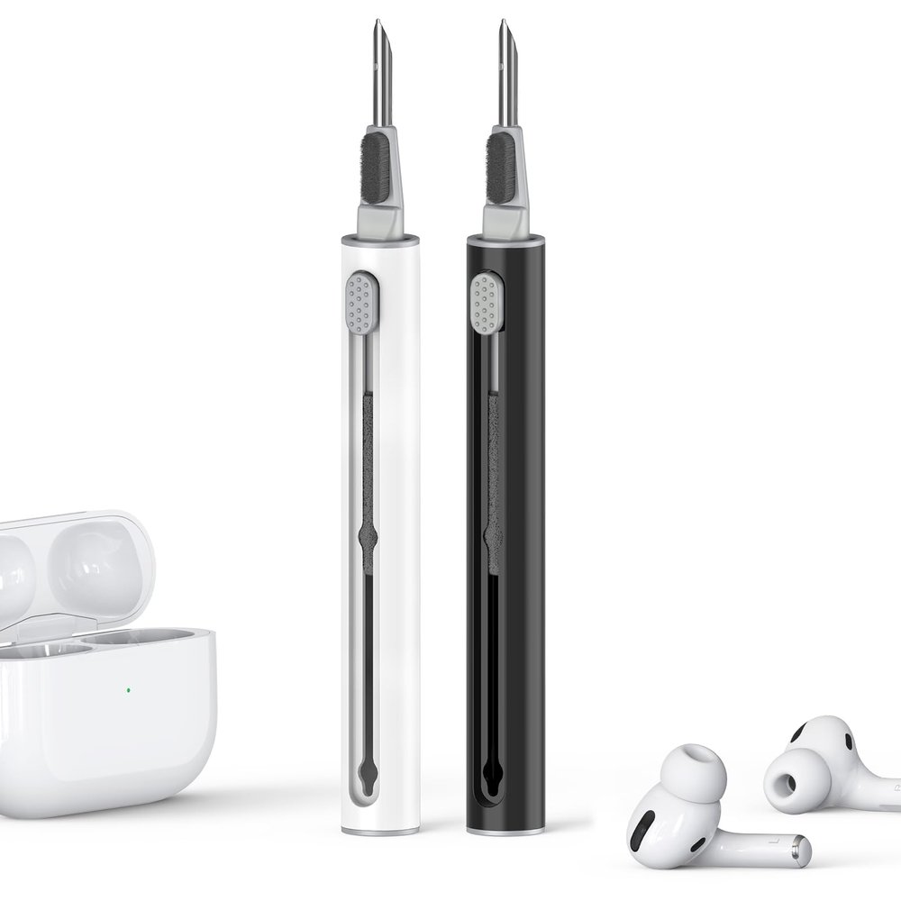 2 Pack Cleaner Kit for AirPods Pro 1 2 3 Earbuds,Cleaning Kit Pen Shape with Soft Brush Flocking Sponge Tool for Bluetooth Earphones Headphones Charging Case,Phone,Camera and Computer(White+Black)