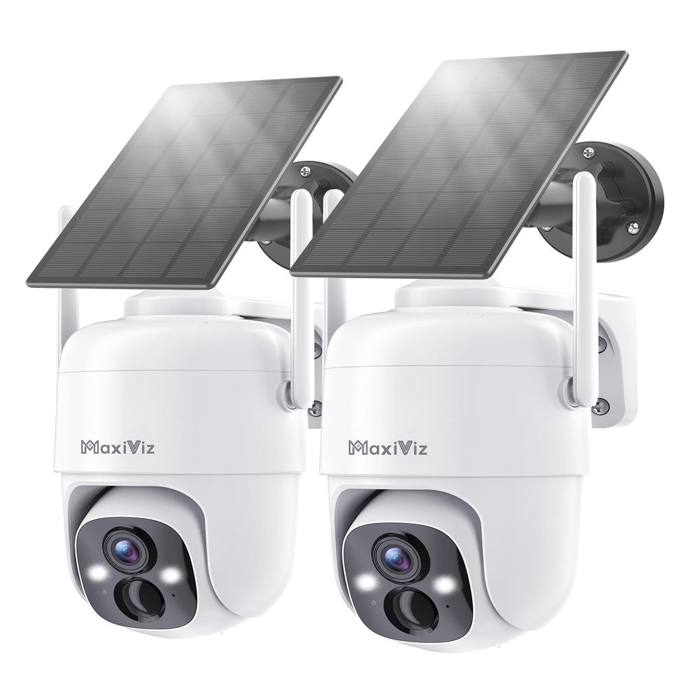 MaxiViz Wireless Solar Security Camera Outdoor, Home Security Cameras with Solar Panel 360 Live View, 2K Color Night Vision, AI Motion Detection, IP66 Weatherproof, Local/Cloud Storage (2 Packs)