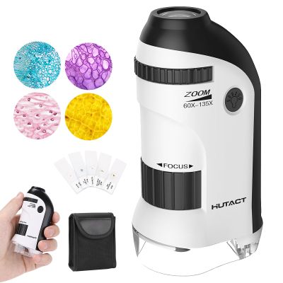 60-135X Miniscope Portable Microscope Kids Minilabsters,Educational Mini Pocket Microscope with 5 Prepared Slides for Children Students