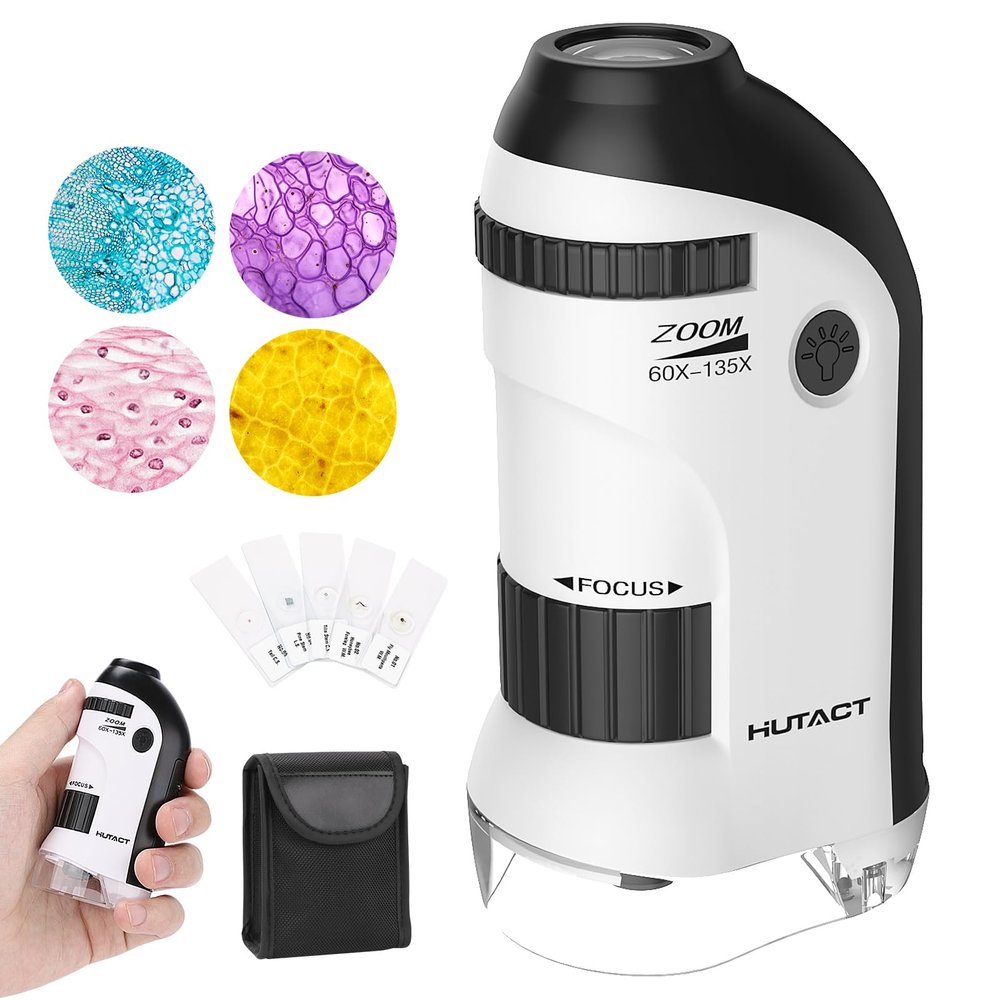 60-135X Miniscope Portable Microscope Kids Minilabsters,Educational Mini Pocket Microscope with 5 Prepared Slides for Children Students