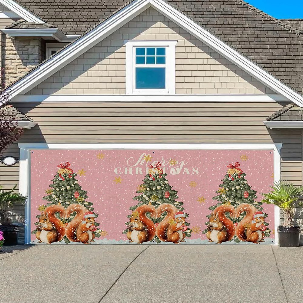 Christmas Garage Door Banner Cover Decorations, Large Outdoor Hanging Garage Door Covers Christmas Thanksgiving Halloween Wall Backdrop for Holiday Party, Snowflake Squirrel Gold Snowflake 6x13ft