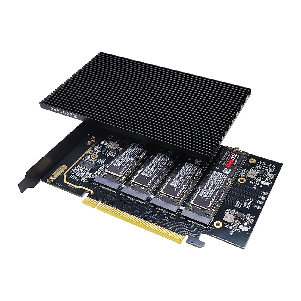 KONYEAD pcie4.0 x16 to m.2 m-Key nvme x 4 ssd Expansion Card with HeatsinkSupports 4 NVMe M.2 2280 up to 256GbpsM2 Adapter Card 2280 Driver Free. Bifurcation Required