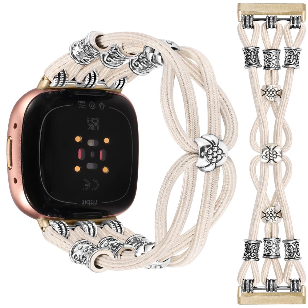 TOYOUTHS Beaded Bracelet Band Compatible with Fitbit Versa 4/Versa 3/Sense 2/Sense Bands Women, Boho Soft Elastic Stretchy Nylon Braided Strap Fancy Charms Designer Breathable Sport Wristband, S