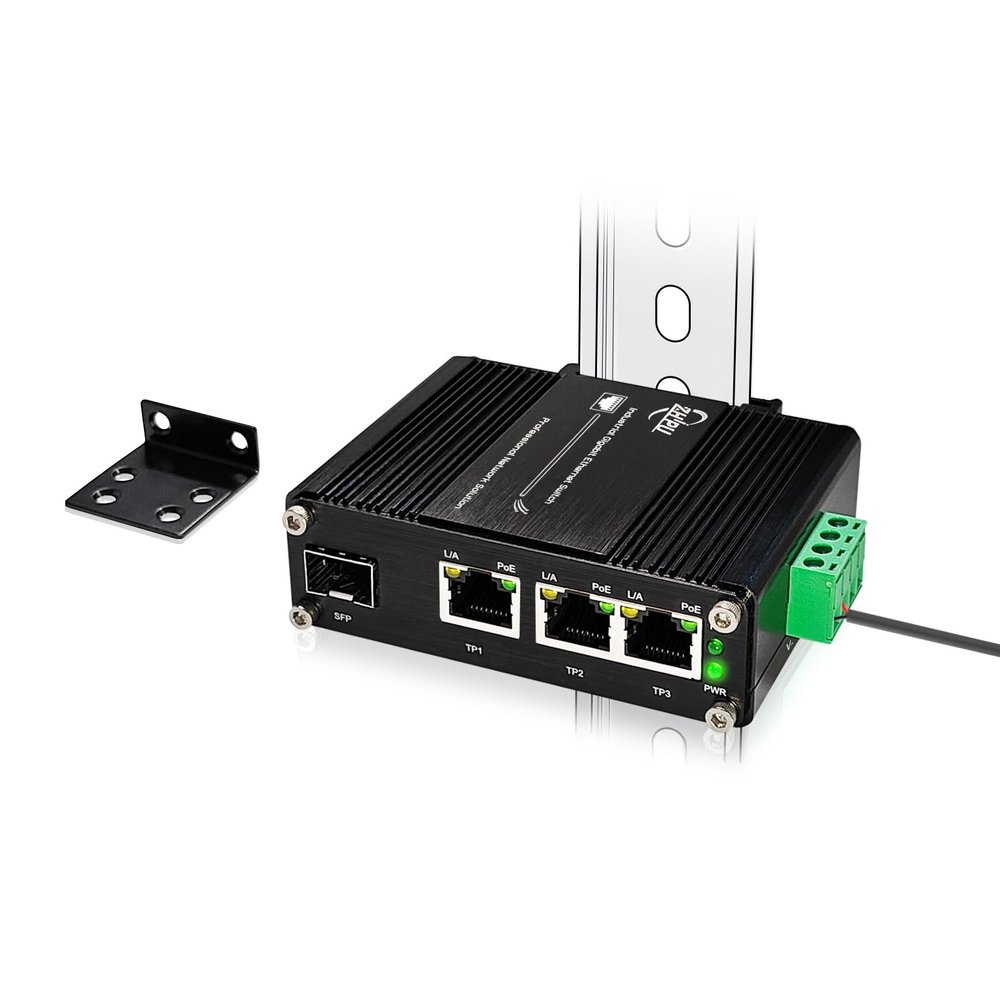 Zhpuostd 3 Ports PoE Ethernet Switch Mini Industrial Gigabit 10/100/1000T RJ45 and 100/1000X SFP Ethernet Switch Solar Power DC 9-57V to 48V, IEEE802.3af/at PoE 30W Up to 90W (No Power Supply or Cord)