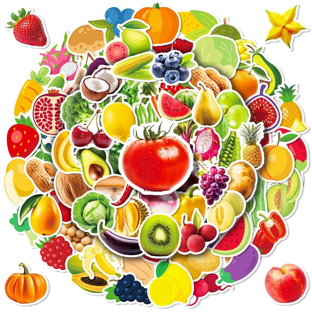 100 Pieces Vegetable and Fruit Stickers Cartoon Food Stickers Laptop Skateboards Guitar Water Bottle Scrapbooking Waterproof Vinyl Stickers