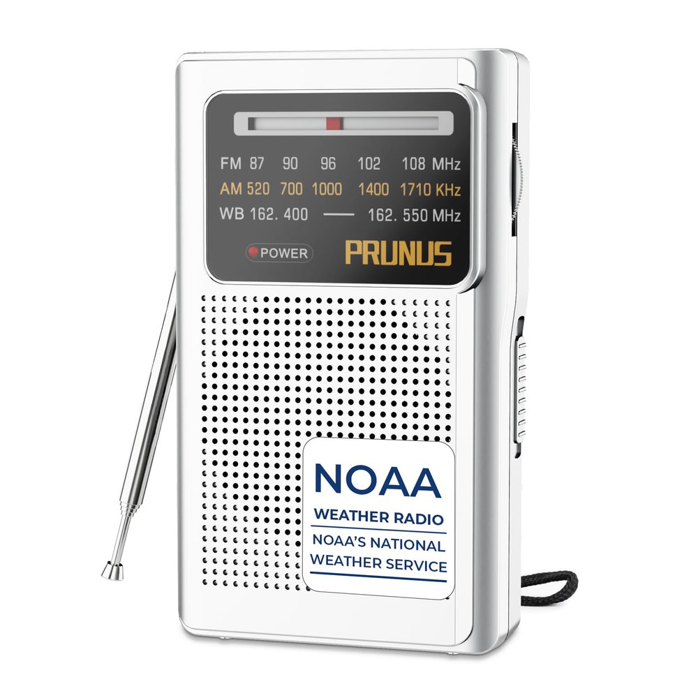 PRUNUS J-161 Pocket NOAA Weather Radio, AM FM Radio Battery Operated by 2 AA Transistor Radio with Best Reception,Stereo Earphone Jack, for Emergency,Hurricane,Running, Walking,Home (Silver)