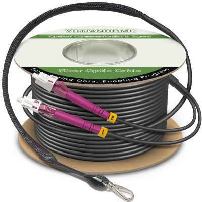 656ft/200m OD-5mm Industrial TPU OM4 Fiber LC to LC Outdoor Armored Fiber Patch Cable, Duplex Multimode Fiber Optic Cable 10Gb, MMF 50/125, OM4 LC-LC with Pulling Eye Kit Installed on one end