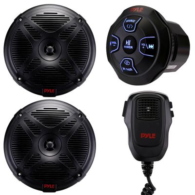 Pyle Marine Bluetooth Receiver Speaker Kit - Waterproof Audio Entertainment System Set w/Dual 6.5" Boat Speakers, Wireless BT Controller, Compact Handheld Broadcasting Microphone (Black)
