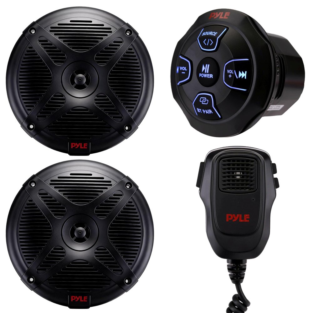Pyle Marine Bluetooth Receiver Speaker Kit - Waterproof Audio Entertainment System Set w/Dual 6.5" Boat Speakers, Wireless BT Controller, Compact Handheld Broadcasting Microphone (Black)