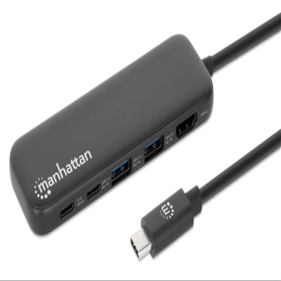 Manhattan 5 in 1 USB C Docking Station Hub  Long 20 in Cord - 100W PD, 4k HDMI, 2 USB-A 3.0, 1 USB-C 5Gbps Data Port - Multiport Adapter for MacBook Air Pro & Type C Devices3 Yr Mfg Warranty-130721