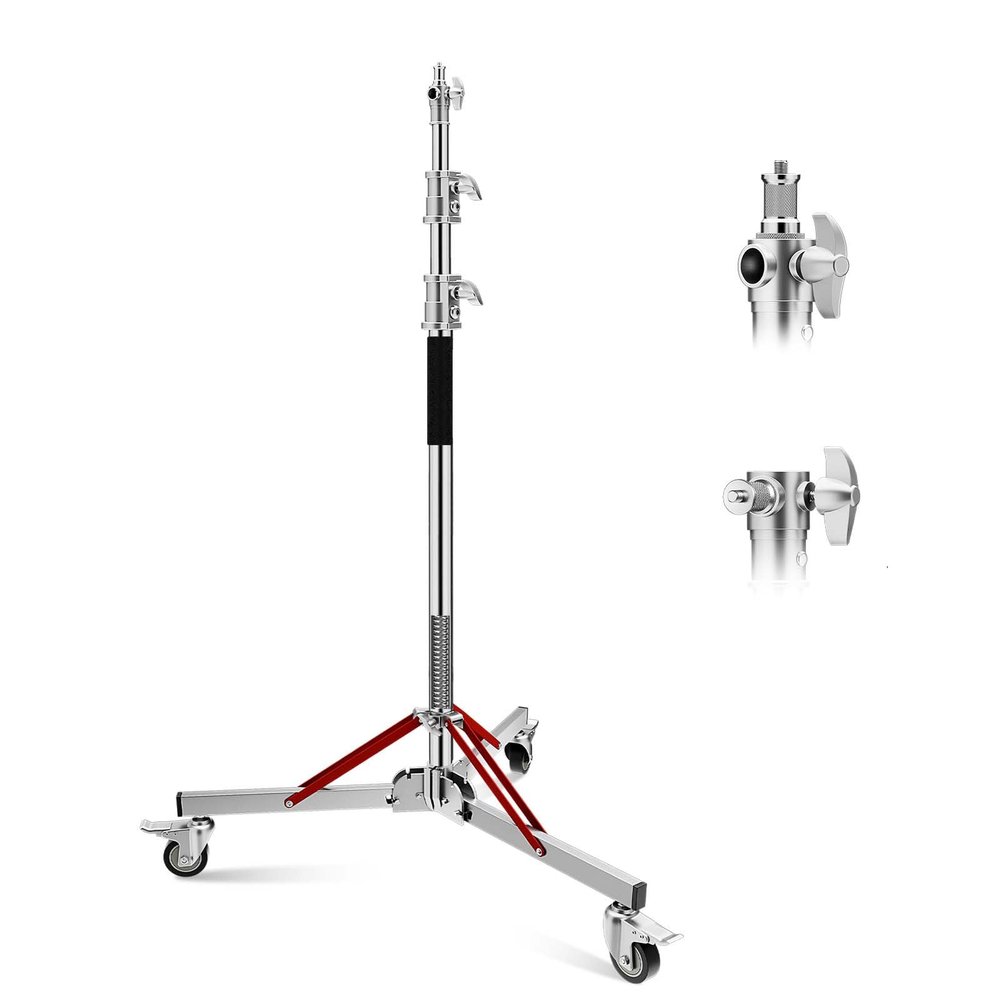 Heavy Duty Light Stand with Casters, 10ft/305CM 100% Stainless Steel 30kg/66lb Load Bearing Adjustable Photography Light Stand with Wheels for Photography Studio Softbox, Monolight (Silver)