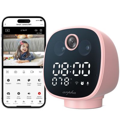 ARPHA 1080P Indoor Security Camera, WiFi Camera for Baby Monitor, PIR Motion Detection Temp Monitoring, One Touch Call Two Way Talk, Night Vision 355 Pan, Night Lamp Alarm Clock