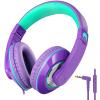 rockpapa Comfort+ Kids Headphones with Microphone, Boys Girls Student Over-Ear Headphones Wired Foldable for School Classroom Laptop PC Computer Tablet Purple Green view 1