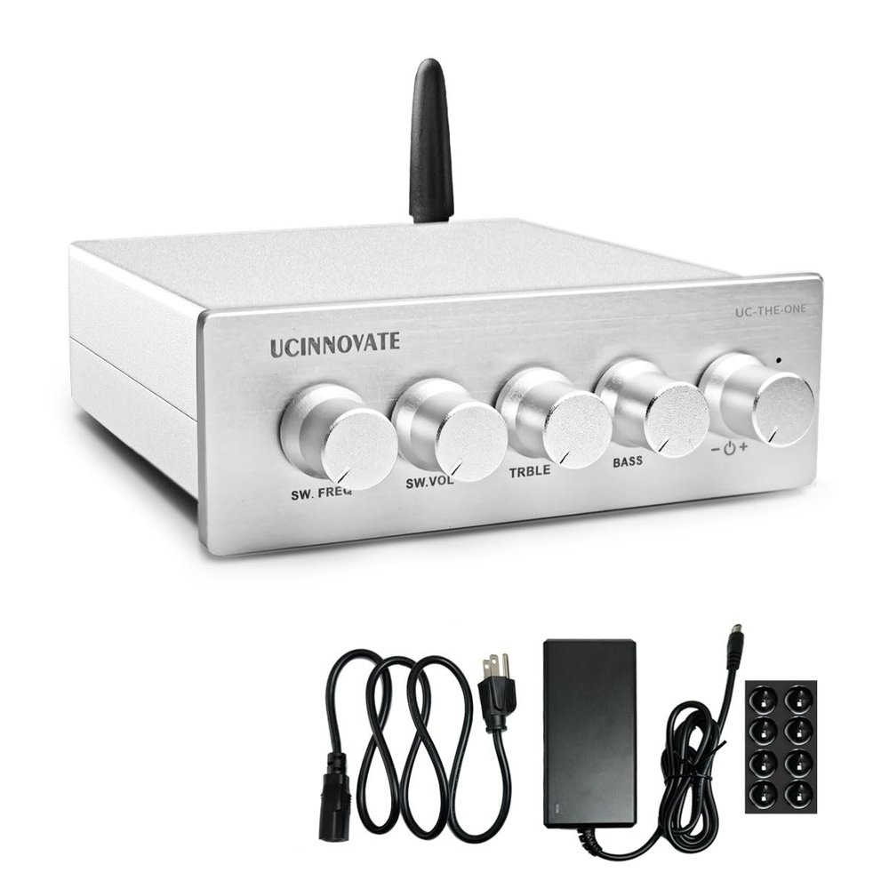 UCINNOVATE Bluetooth 5.0 Stereo Receiver Amp 2.1 Channel Mini Hi-Fi Class D Integrated Amplifier 100W x 2+50W Home Audio Receivers & Amplifiers for Bookshelf Speaker Subwoofer Desktop Passive Speaker