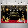 12x10ft Gold and Black Happy Birthday Backdrop Large Glitter Sequin High Heels Diamond Wine Red Rose Photography Background for Women Party Decorations Banner Photo Booth Backdrops view 1