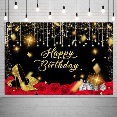 10x6.5ft Gold and Black Happy Birthday Backdrop Large Glitter Sequin High Heels Diamond Wine Red Rose Photography Background for Women Party Decorations Banner Photo Booth Backdrops