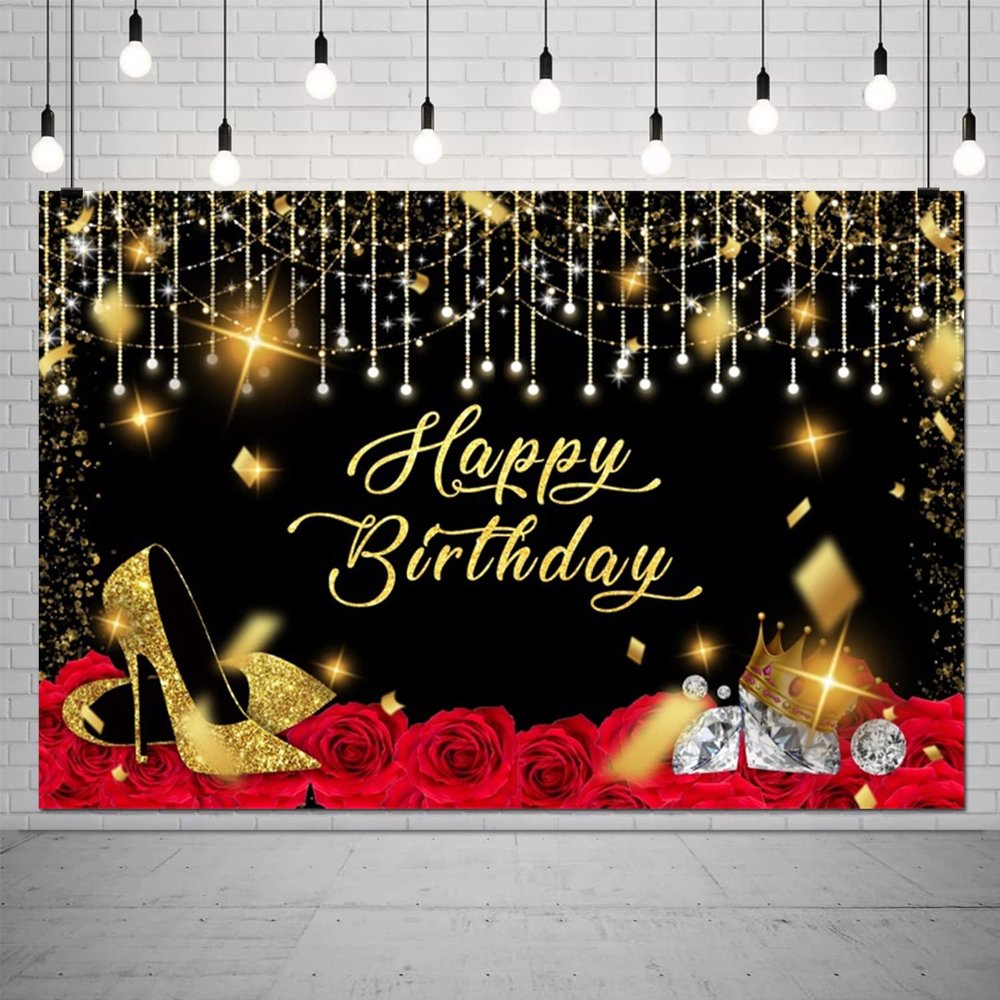 10x6.5ft Gold and Black Happy Birthday Backdrop Large Glitter Sequin High Heels Diamond Wine Red Rose Photography Background for Women Party Decorations Banner Photo Booth Backdrops