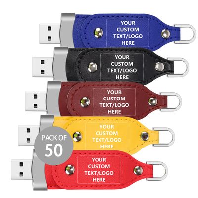 Paintechz Custom Leather USB Flash Drives Set of 50, Personalized Bulk Pack - Printed or Embossed with Your Logo - 4GB