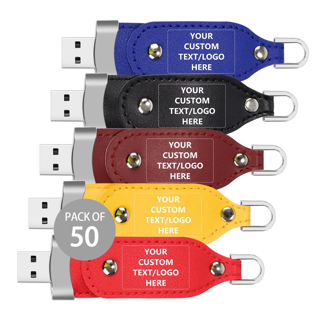 Paintechz Custom Leather USB Flash Drives Set of 50, Personalized Bulk Pack - Printed or Embossed with Your Logo - 4GB