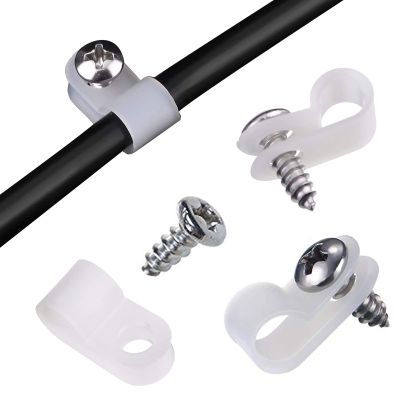 RGBZONE 120Pcs 1/4 Inch White R-Type Cable Clips with Screws, Nylon Plastic Wire Clips for Indoor Outdoor Electrical Wire Cord Management (6.4mm, 1/4 Inch)