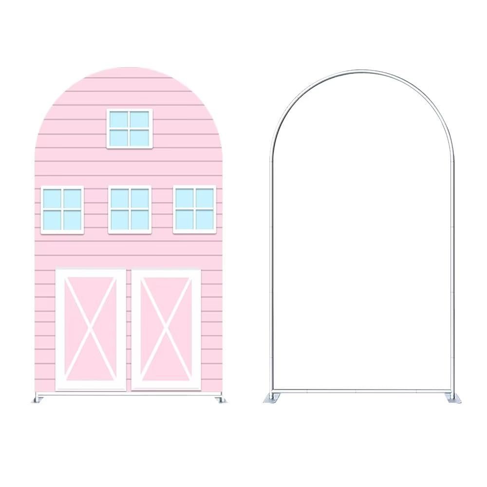Ellteecz Pink Barn Door Arch Backdrop Cover with Stand for Cows Farm Birthday Party Arched Frame Stretchy Fabric Covers Baby Shower Cake Banquets Parties Decorations 3x5FT