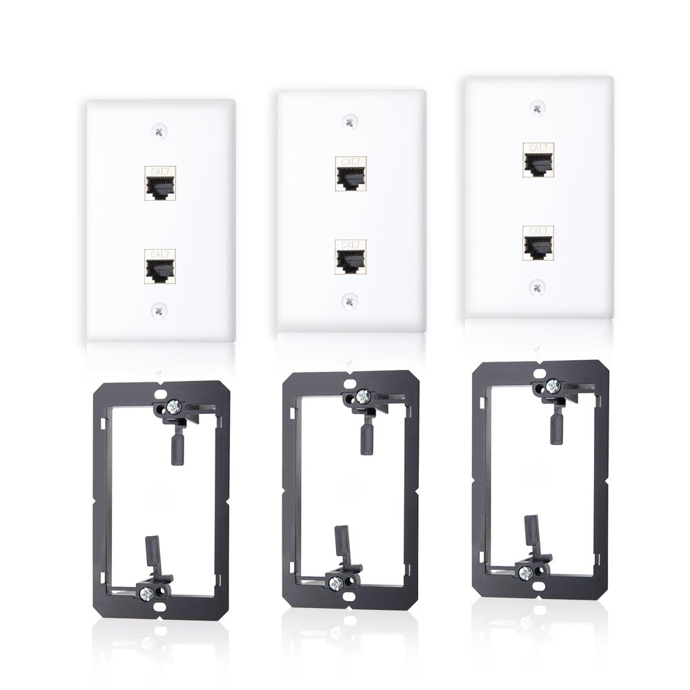 3 Pack CAT7 Ethernet Wall Plate, RJ45 Keystone Jack 2-Port Ethernet Wall Outlet Female to Female Shielded Coupler with Single Gang Low Voltage Mounting Bracket, Hide Cables Behind Walls