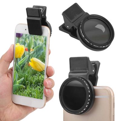 Phone Camera Lens Filters, 37mm Clip on ND 2 400 Cell Phone Lens Adjustable Density Filter with Phone Clip for Different Brand Phones